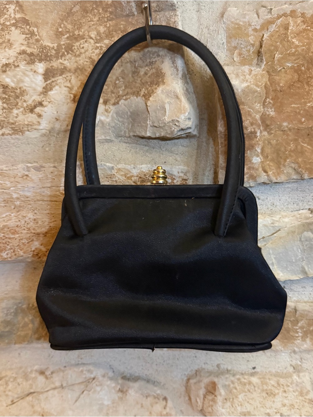 Black Satin Structured Top-Handle Evening Clutch